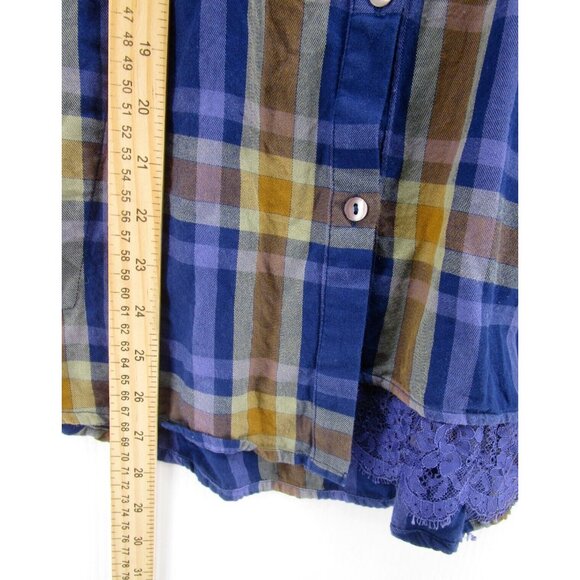 LOGO Lori Goldstein Top Small Button Down Shirt Plaid Pockets Lace - Picture 4 of 12